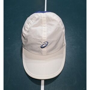 Asics 5 Panel Running Hat White Embroidered Logo Lightweight Mesh Strapback Cap